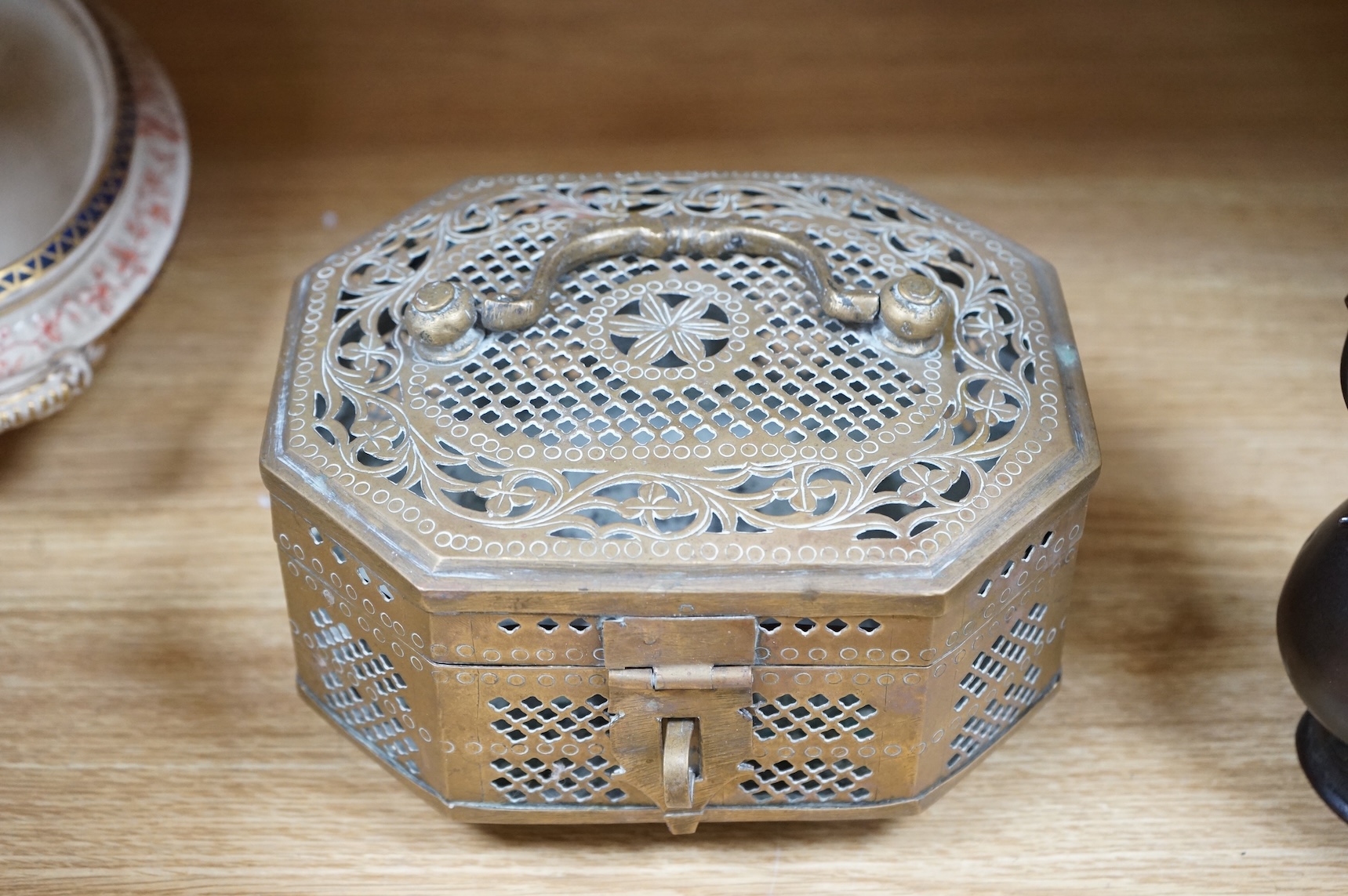 A Japanese archaistic bronze vase, seal mark to base, together with two Indian brass Paan boxes and a Medieval revival bronze casket, tallest 26cm
